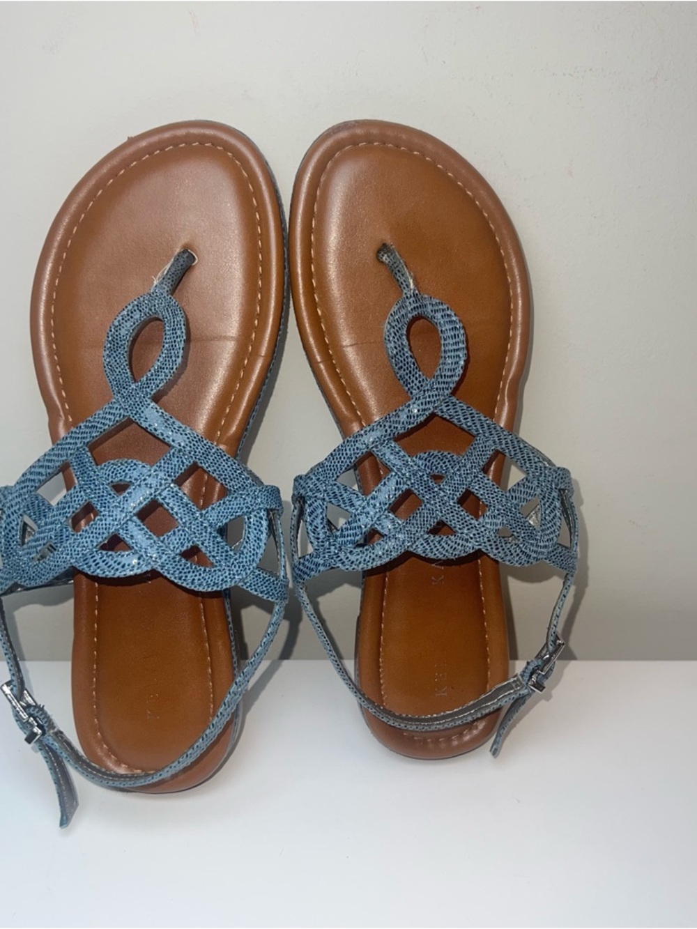 Kelly & Katie Woven Strap Women's Flat Sandals in Light Blue and Brown - Picture 2 of 13